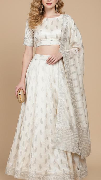 White Dyeable Chanderi Fabric With All Over Leaf Buti Of Silver Zari Handloom 20400