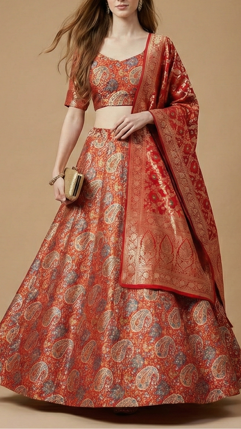 Red Banarasi Brocade Fabric With All Over Thread And Golden Zari Handloom 19274