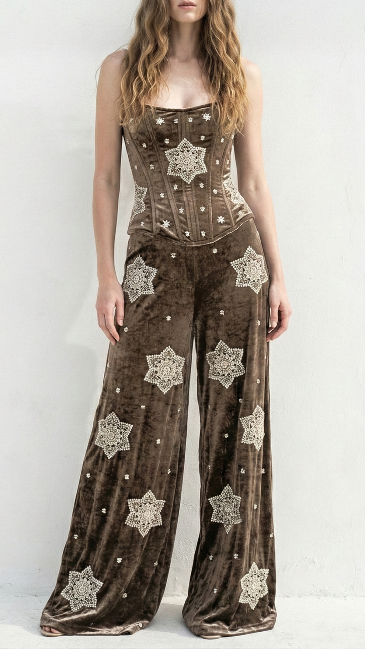 Coffee Velvet Fabric With All Over Buti Of Sequins, Katdana and Bead Work 20986