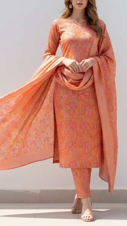 Peach Banarasi Brocade Fabric With All Over Thread And Zari Handloom 20789