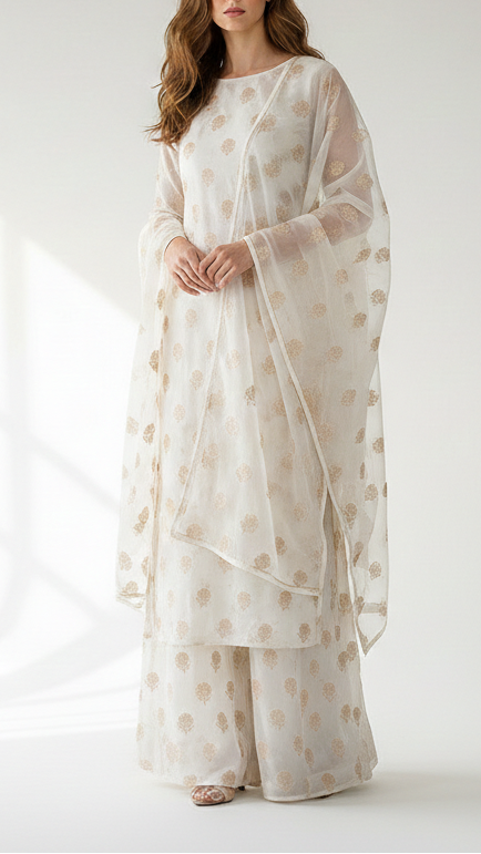 White Dyeable Organza Satin Fabric With All Over Zari Handloom 21699