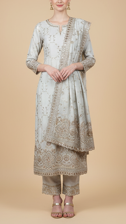 White Dyeable Crepe Fabric With All Over Zari, Sequins, Katdana And Bead Work 16871