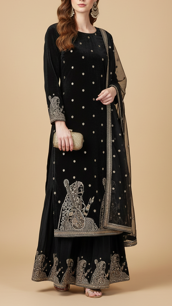 Black Velvet Fabric With All Over Faux Mirror, Zari And Sequins Work With One Side Heavy Border 20631