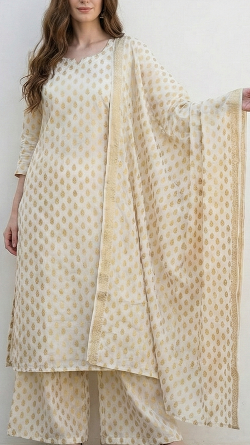 White Silk Fabric With All Over Golden Zari Handloom 20404