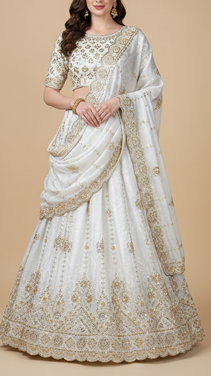 White Dyeable Crepe Fabric With All Over Katdana, Bead, Sequins And Zari Work With One Side Border 19017