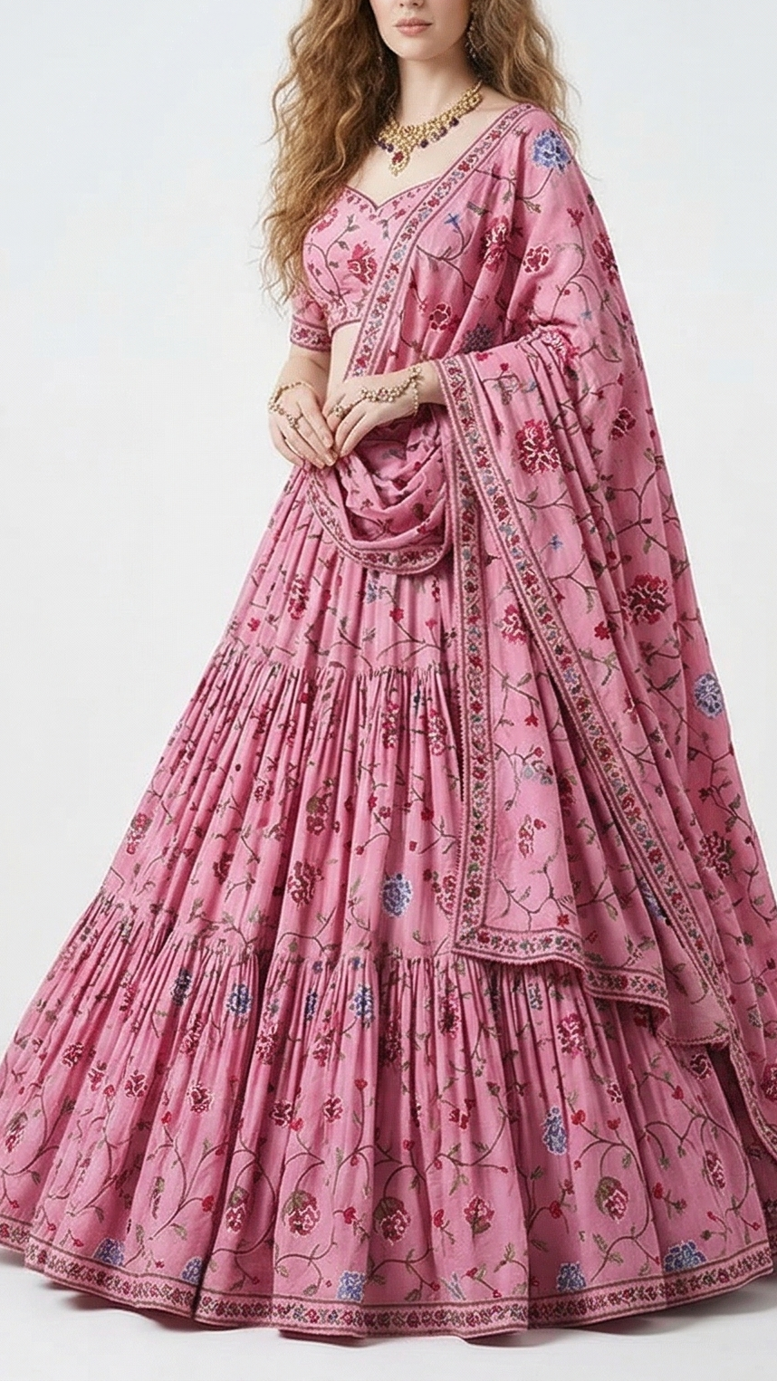 Pink Chanderi Fabric With All Over Multi Color Thread Work 22495