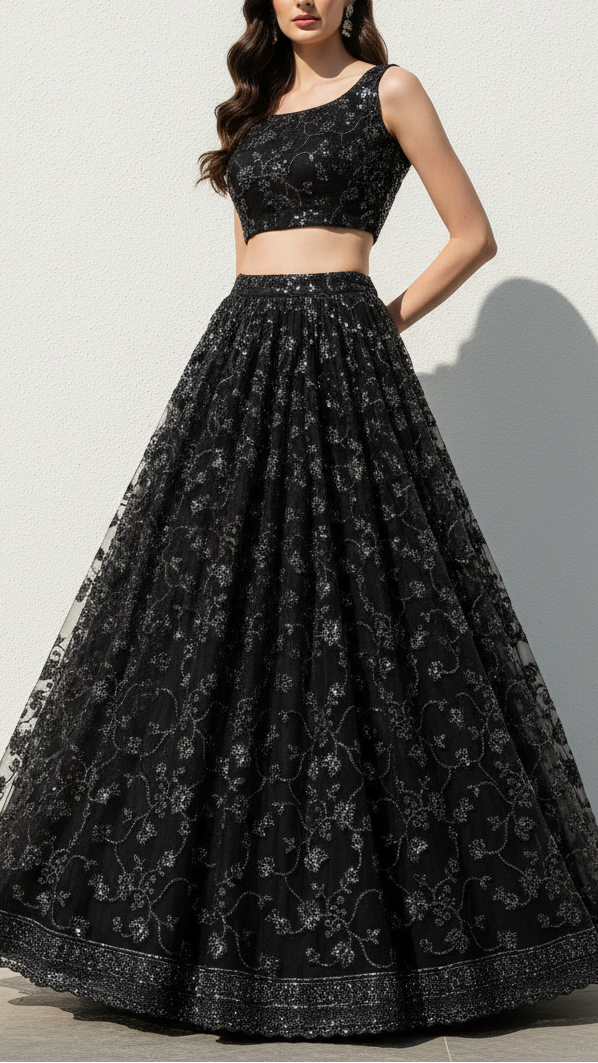Black Imported Net Fabric With All Over Katdana, Bead And Sequins Work With One Side Scalloped Border 22033