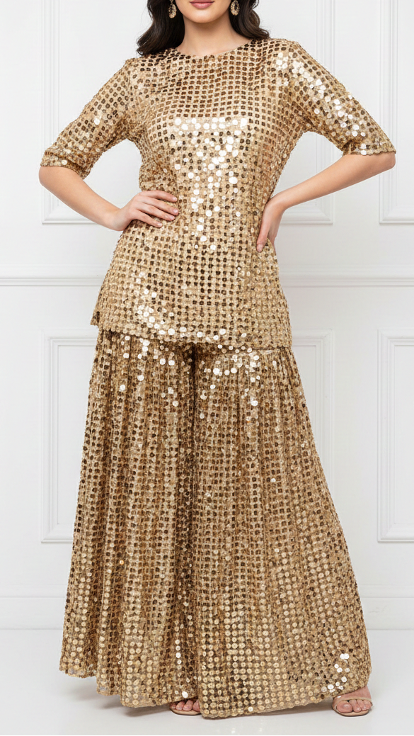 Golden Imported Laser Cutwork Net Fabric With All Over Zari And Faux Mirror Work 21120