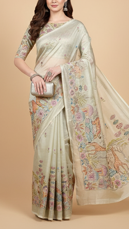 Golden Dyeable Tissue Fabric With All Over Zari, Sequins And Thread Work With One Side Border 19934