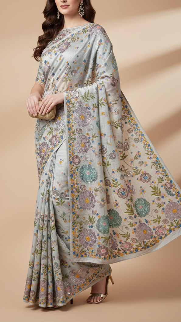 Grey Crepe Fabric With All Over Thread, Zari And Sequins With One Side Border 20373