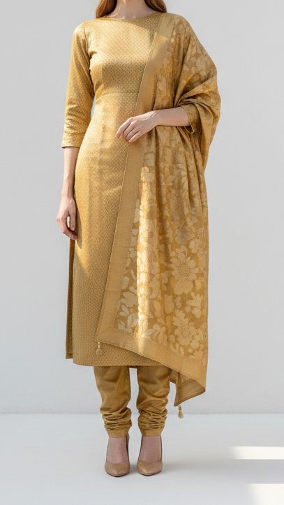 Golden Banarasi Brocade Fabric With All Over Golden Zari Handloom 20151