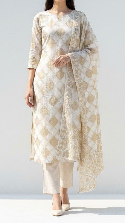 White Dyeable Organza Tissue Fabric with All Over Jaal Pattern Zari Handloom 12825