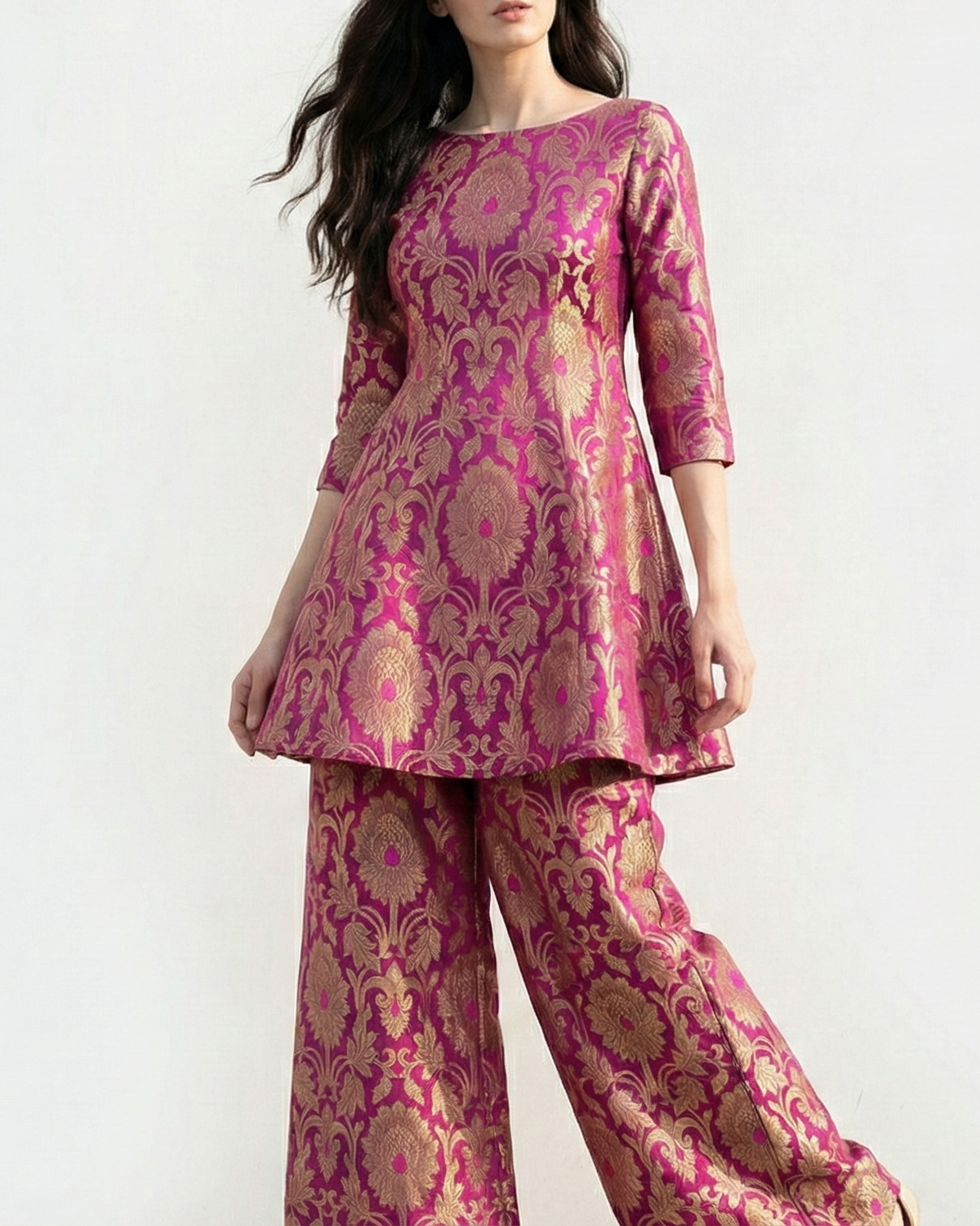 Purple Banarasi Brocade Fabric With All Over Golden Zari Handloom 21861