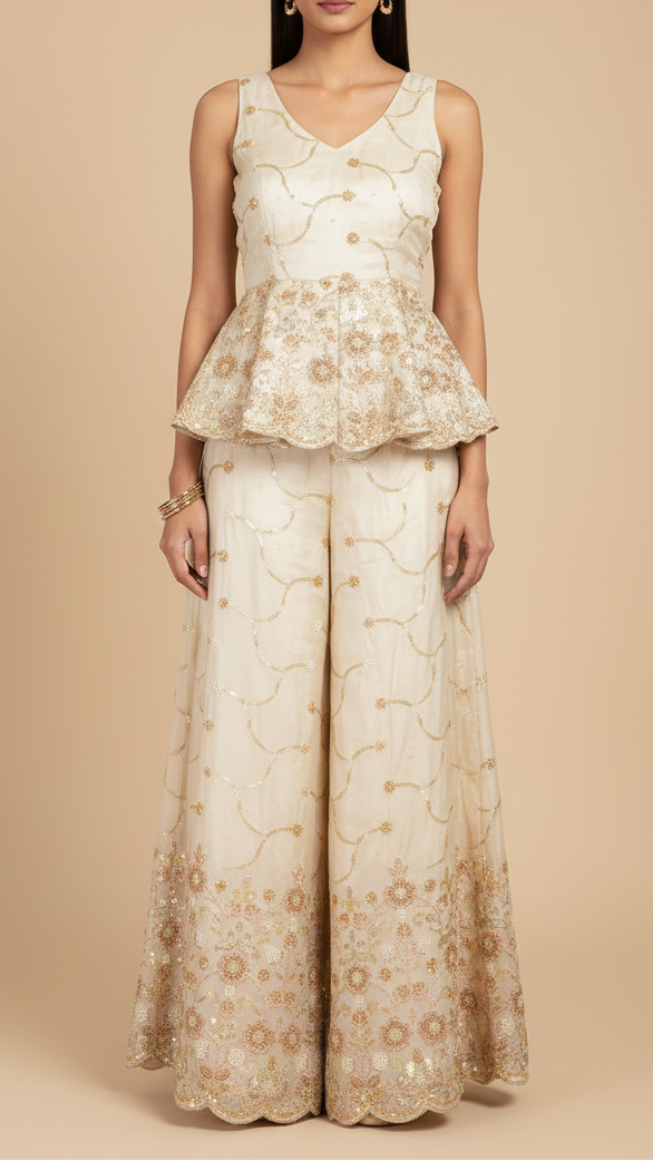 Golden Dyeable Tissue Fabric With All Over Katdana Sequins And Bead Work With One Side Border 20324