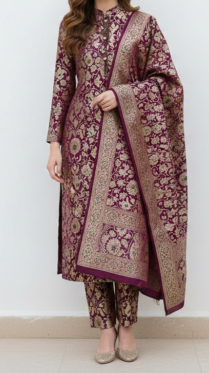 Purple Banarasi Brocade Fabric With All Over Thread And Golden Zari Handloom 20763