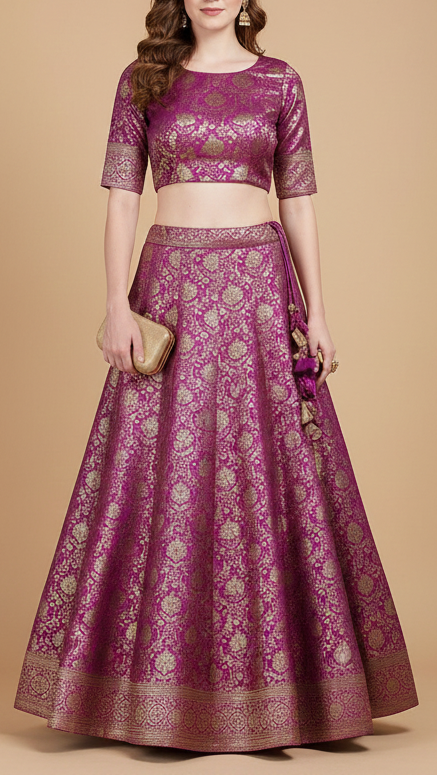 Purple Banarasi Brocade Fabric With All Over Thread And Zari Handloom 20187