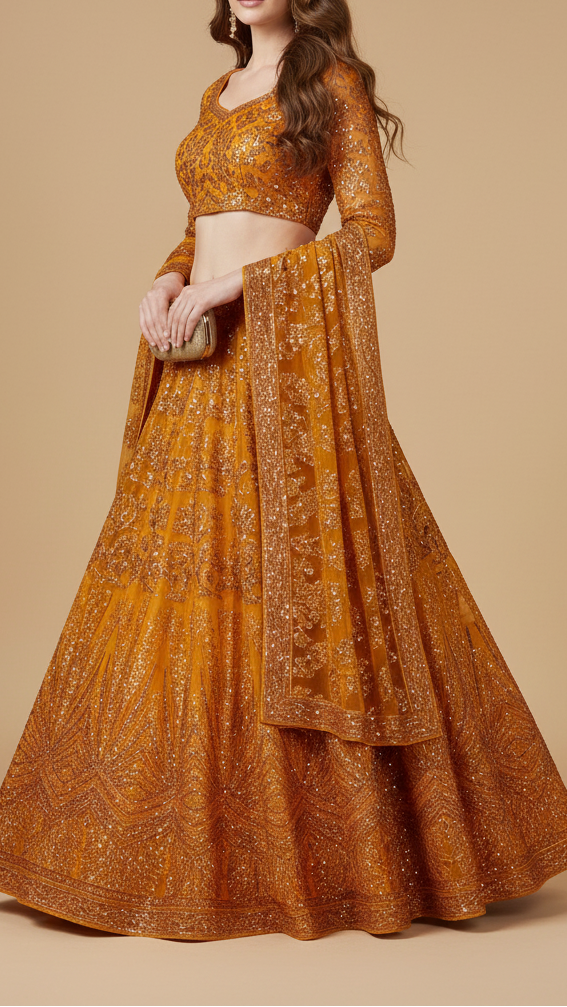 Mustard Georgette Fabric With All Over Sequins And Bead Work With One Side Heavy Border 20553