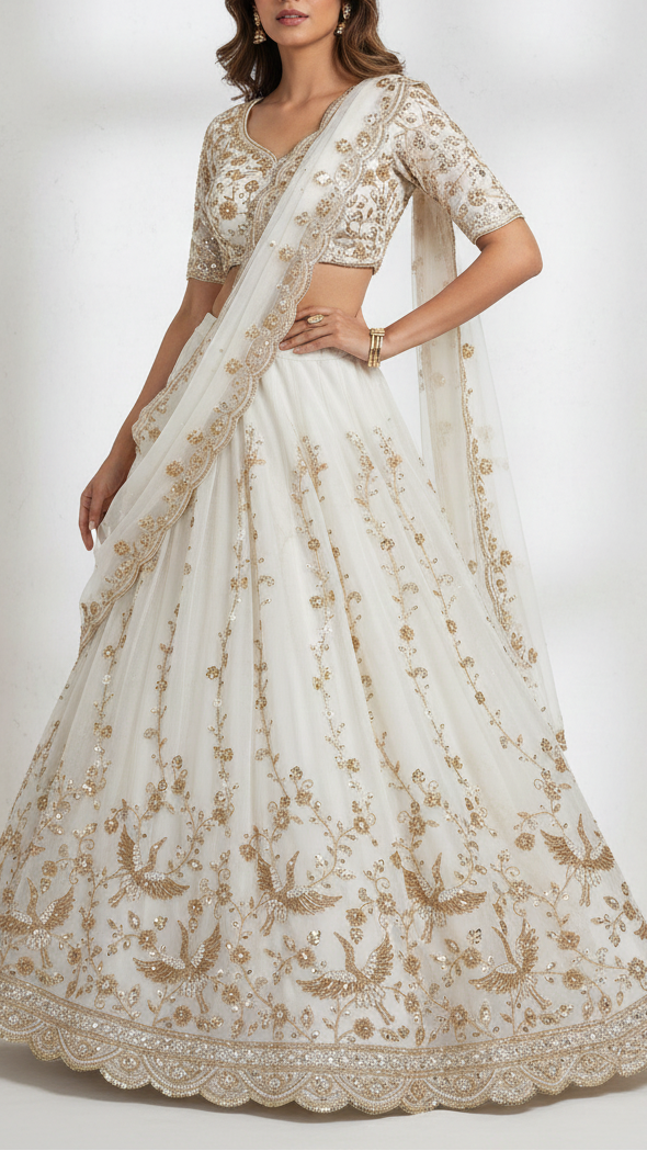 White Dyeable Georgette Fabric With All Over Katdana, Zari, Sequins And Bead Work With One Side Border 20425