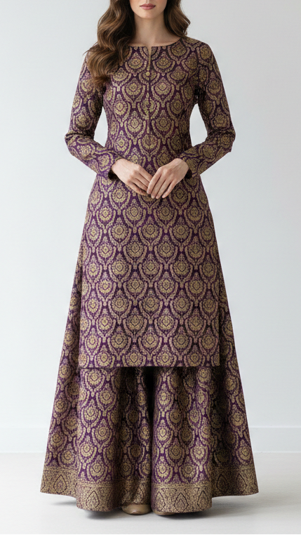 Plum Banarasi Brocade Fabric With All Over Thread And Golden Zari Handloom 21823