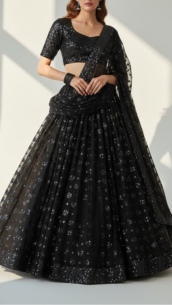 Black Imported Net Fabric With All Over Katdana, Bead And Sequins Work With One Side Scalloped Border 22054