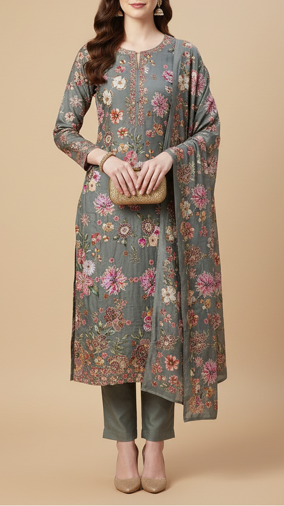 Rahul Mishra Inspired Edition | Grey Embroidered Crepe Unstitched Fabric 20465