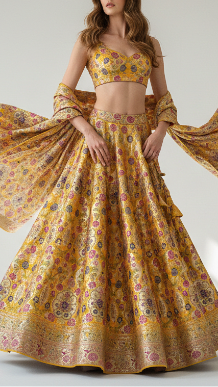 Mustard Pure Banarasi Brocade Fabric With All Over Thread And Zari Handloom 21534