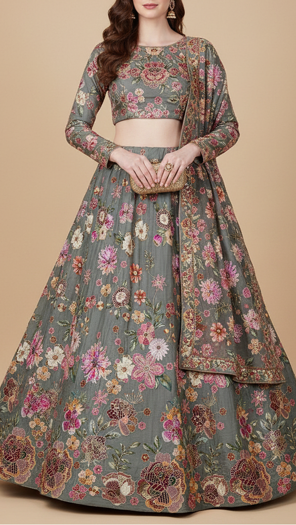Rahul Mishra Inspired Edition | Grey Embroidered Crepe Unstitched Fabric 20465
