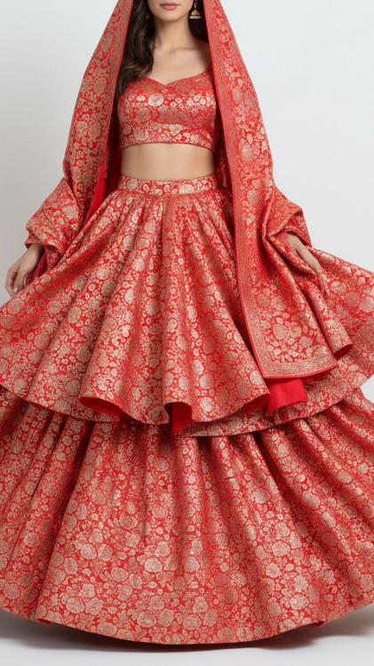 Red Banarasi Brocade Fabric With All Over Thread And Zari Handloom 20797