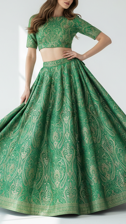 Green Banarasi Brocade Fabric With All Over Golden Zari Handloom 21847