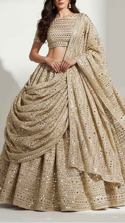 The Noor - Golden Dyeable Tissue Fabric With All Over Zari, Sequins And Fuax Mirror work | 21672