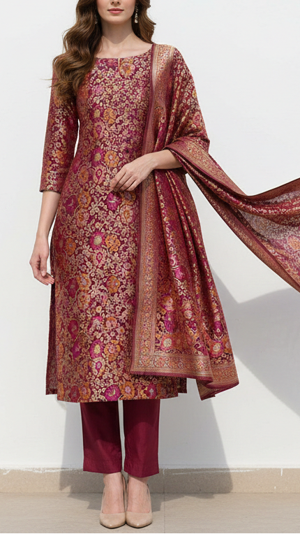 Maroon Banarasi Brocade Fabric With All Over Thread And Zari Handloom 21261