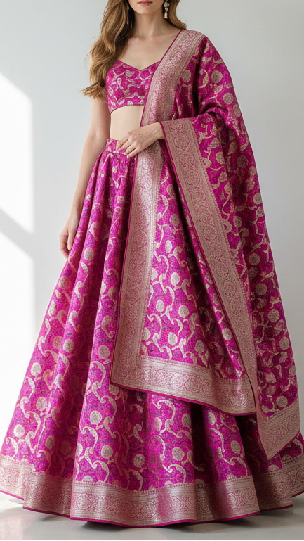 Magenta Banarasi Brocade Fabric With All Over Thread And Zari Handloom 21280