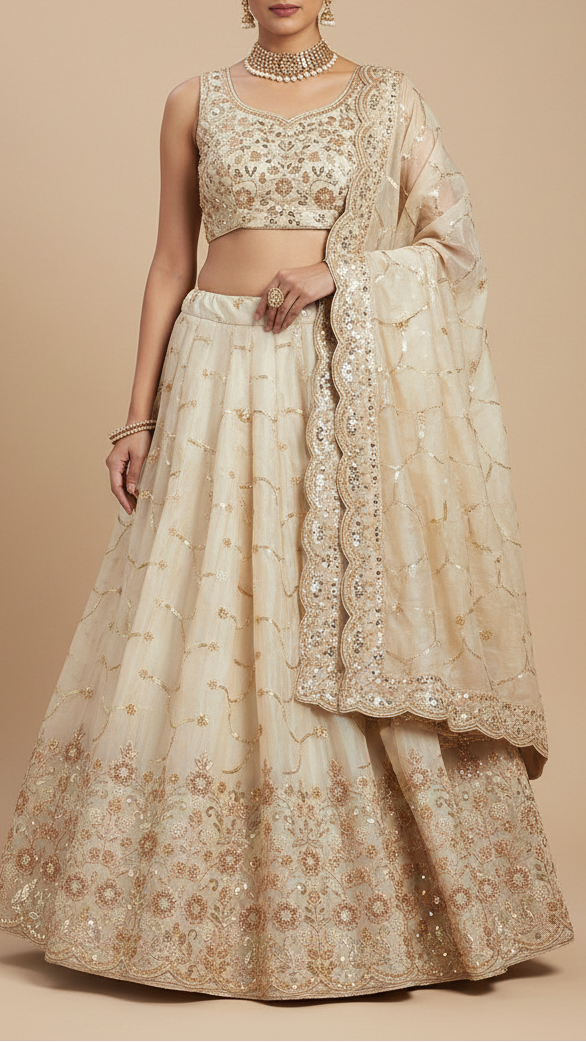Golden Dyeable Tissue Fabric With All Over Katdana Sequins And Bead Work With One Side Border 20324