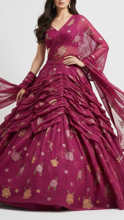 Purple Chanderi Fabric With All Over Floral Motif Of Thread, Zari And Sequins Work 21941