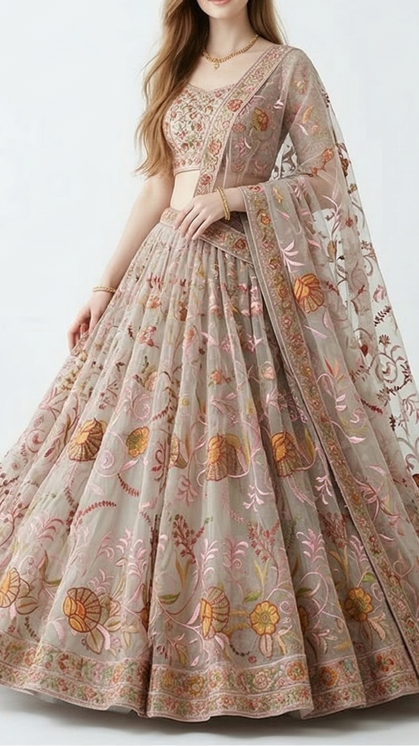 Grey Organza Fabric with All Over Thread Work 15155