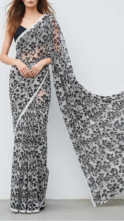 Black Cotton Fabric With All Over Thread And Cutwork With Scalloped Edges 21886