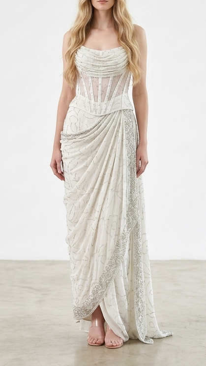 Floral Opulence Crepe Fabric with All-Over Katdana and Beadwork 11673