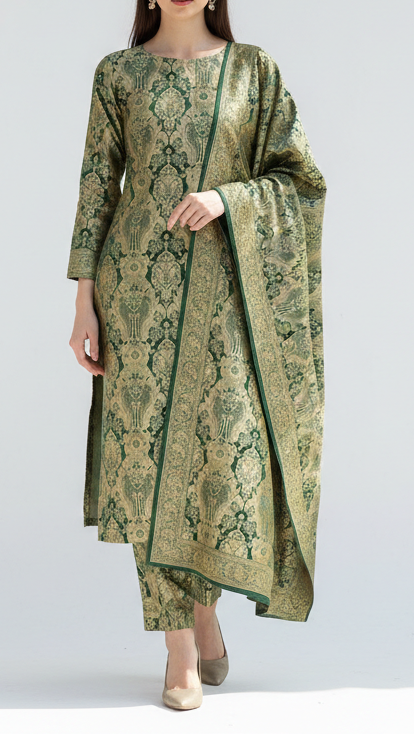 Dark Green Banarasi Brocade Fabric With All Over Thread And Zari Handloom 21281
