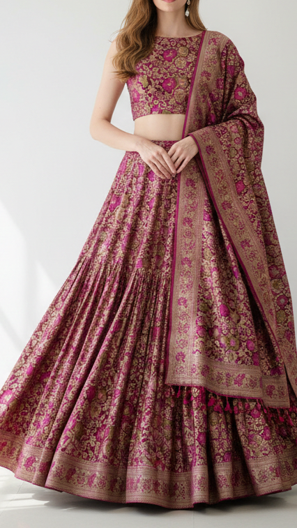 Wine Banarasi Brocade Fabric With All Over Thread And Zari Handloom 21262