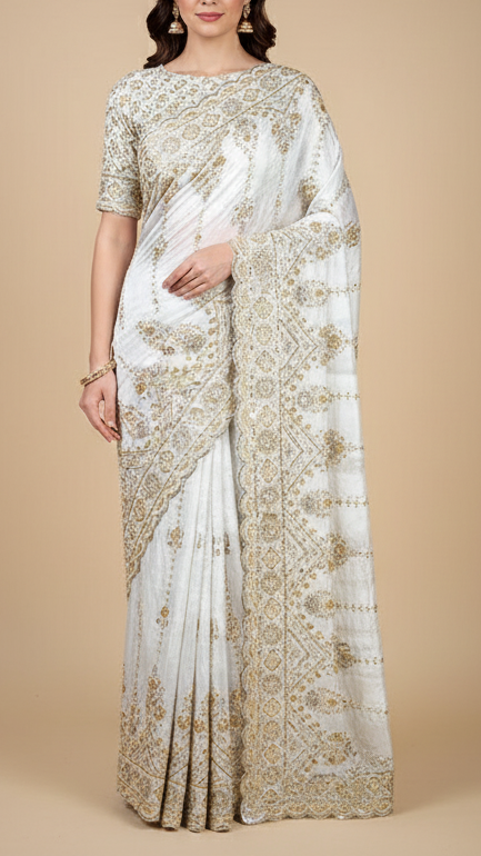 White Dyeable Crepe Fabric With All Over Katdana, Bead, Sequins And Zari Work With One Side Border 19017