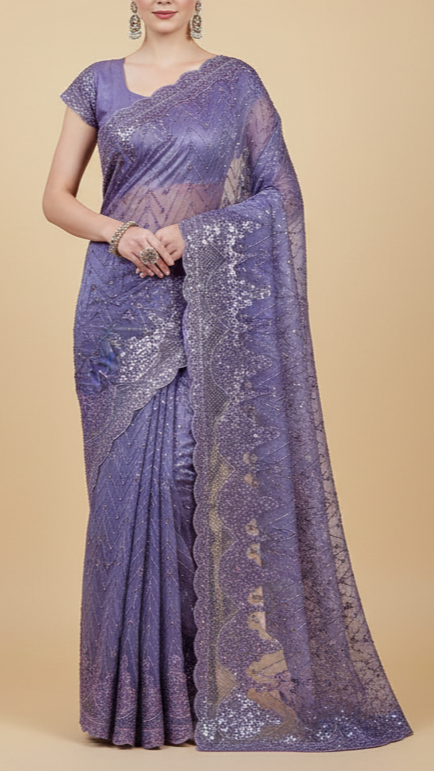 Lavender Imported Organza Satin Fabric With All Over Katdana, Bead And Sequins Work With One Side Cutwork and Scalloped Border 15514