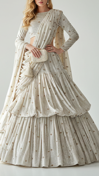 White Velvet Fabric With All Over Buti of Katdana And Bead Work 21107