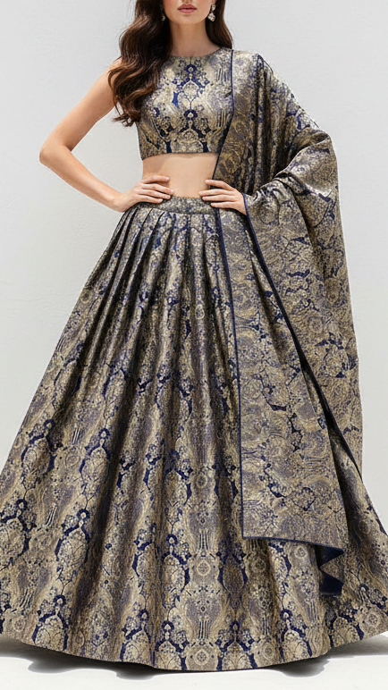Navy Blue Banarasi Brocade Fabric With All Over Thread And Zari Handloom 21284