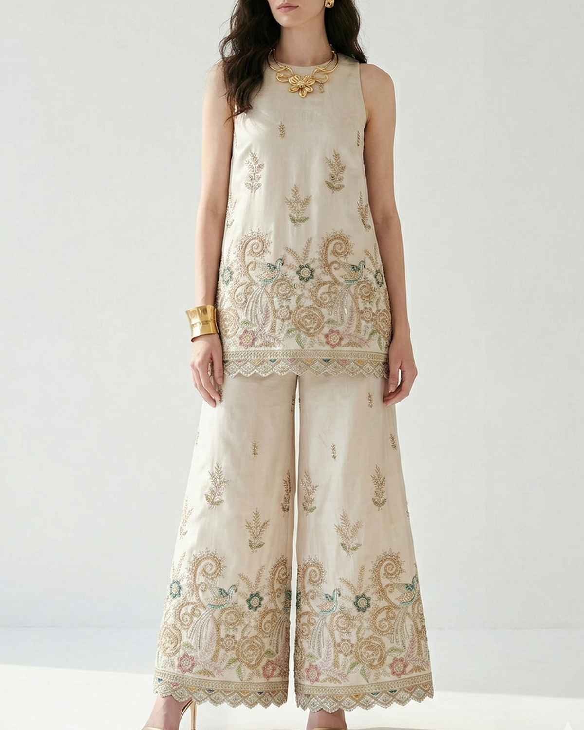 White Dyeable Dola Silk Fabric With All Over Zari, Sequins, Bead, Katdana And Multi Color Thread Work With One Side Scalloped Border 21964