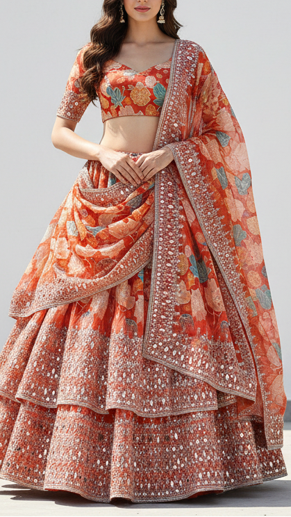 Rust Tissue Fabric With All Over Floral Print And One Side Bead, Sequins, Zari And Faux Mirror Border 20305
