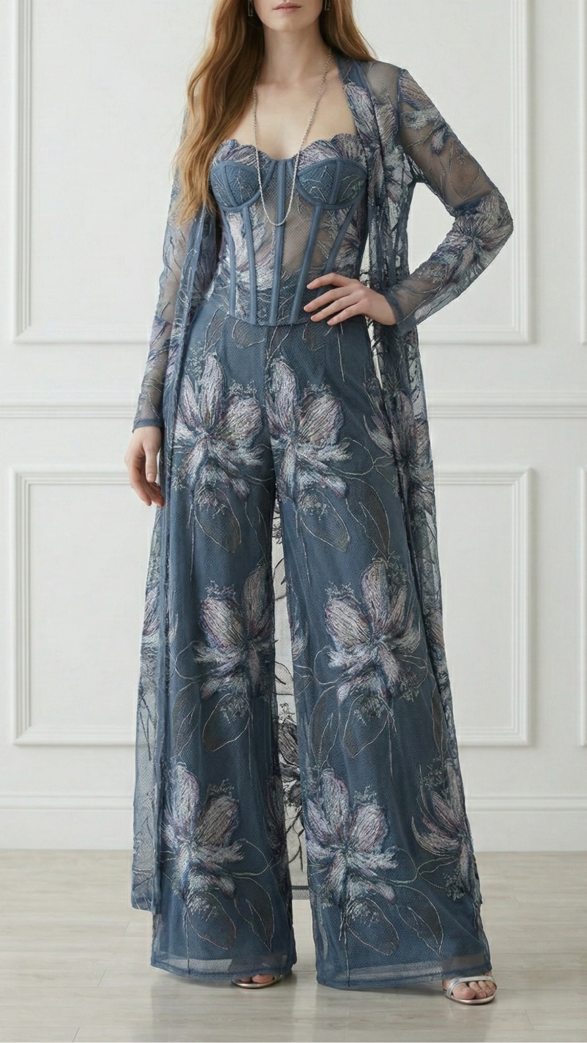 Blue Imported Net Fabric With All Over Floral Thread Work 21974