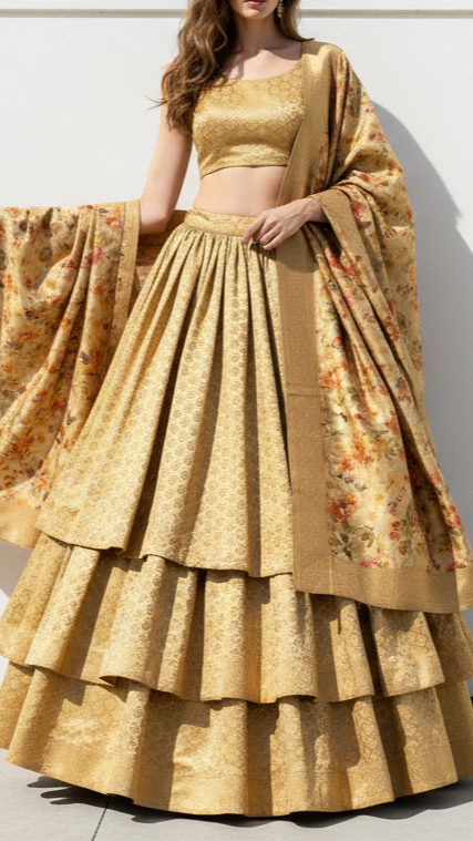 Golden Banarasi Brocade Fabric With All Over Golden Zari Handloom 20147