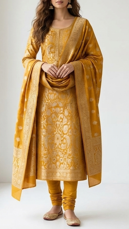Mustard Pure Banarasi Brocade Fabric With All Over Thread And Zari Handloom 20783