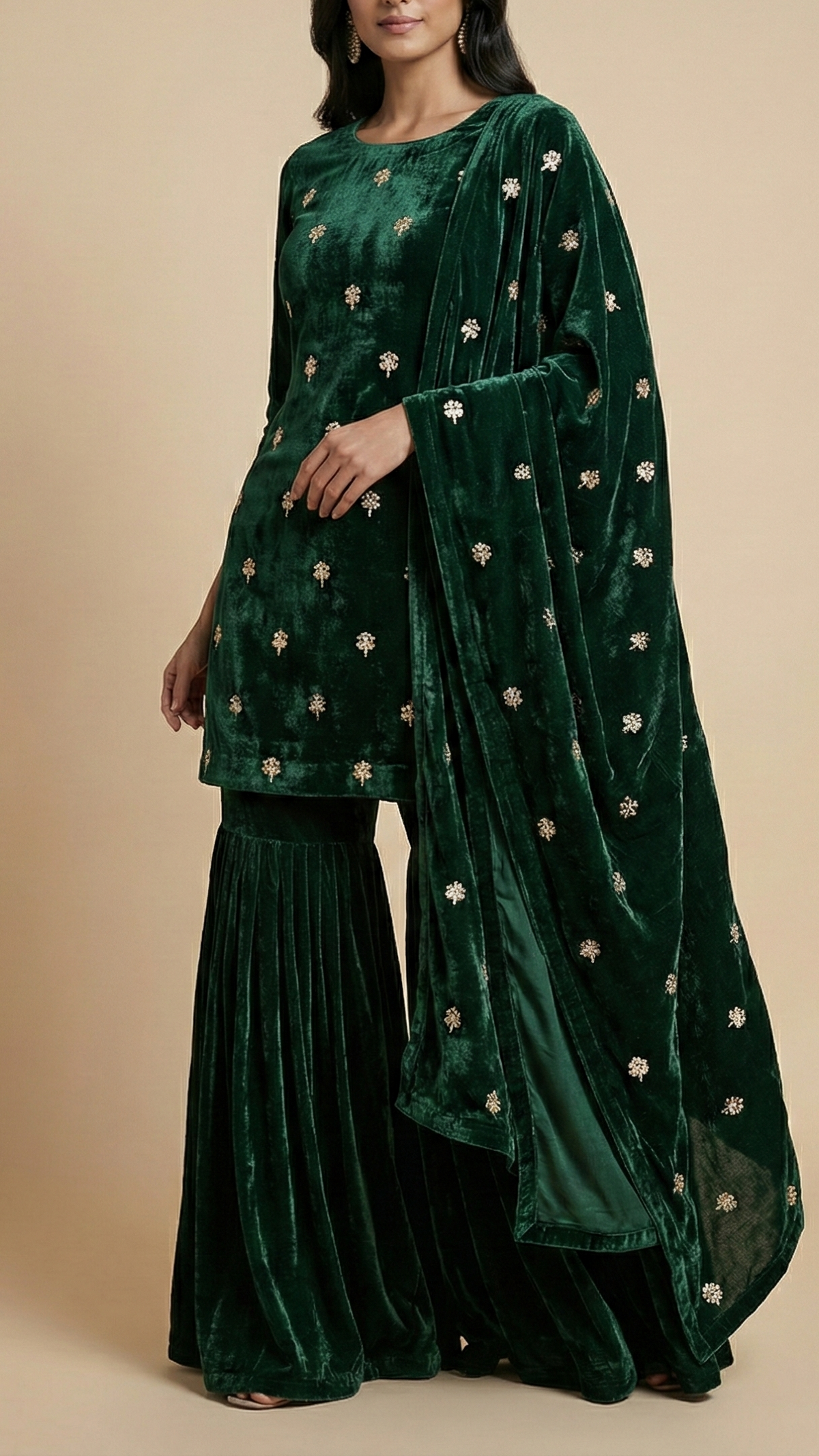 Bottle Green Velvet Fabric With All Over Buti Of Katdana, Sequins And Zari 20601