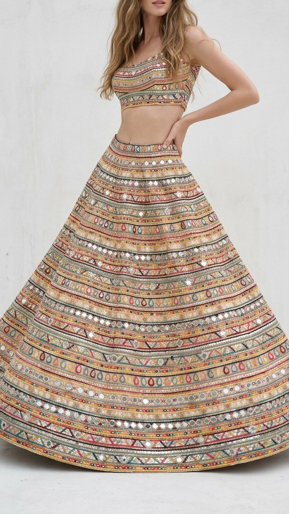 Golden Net Fabric With All Over Zari, Sequins, Bead, Faux Mirror, Katdana And Multi Color Thread Work 22283